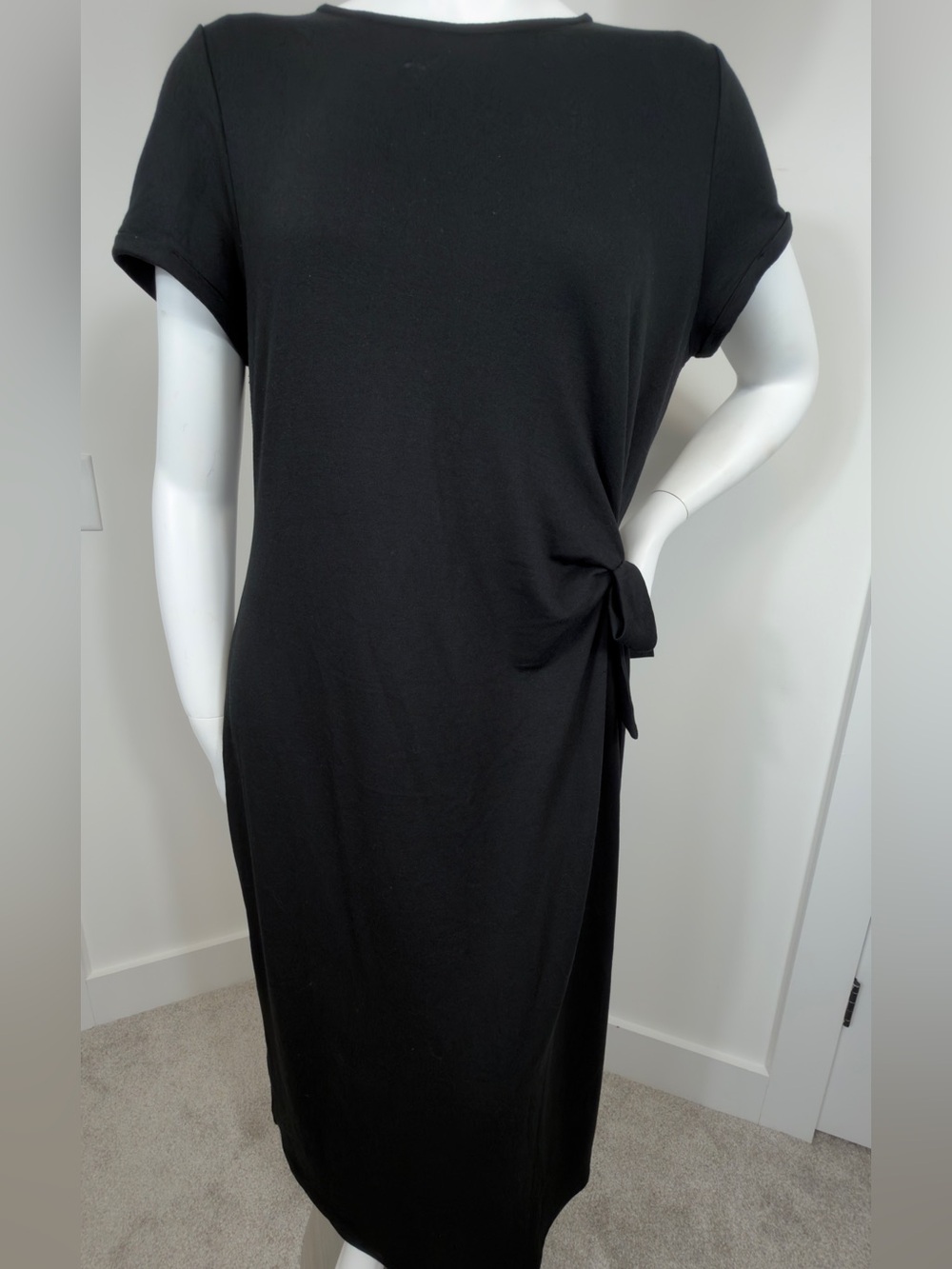 Wonderly Black Midi Dress XXL Side Tie Short Sleeve Stretch Knit Casual Comfort